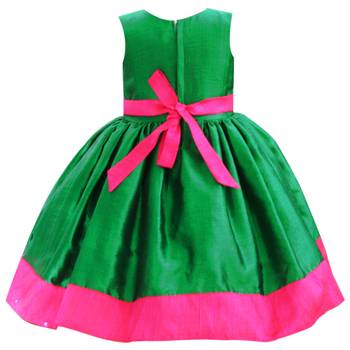 Green pink silk sleeveless flower party frock for girls 2