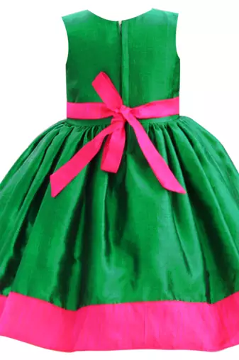 Green pink silk sleeveless flower party frock for girls