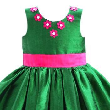 Green pink silk sleeveless flower party frock for girls 3
