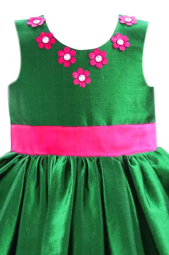 Green pink silk sleeveless flower party frock for girls