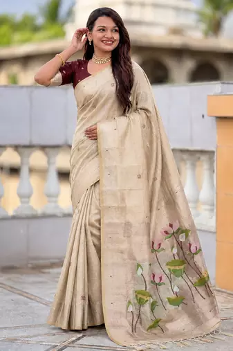soft pure muga cotton  saree with meenakari  weaving  motifs and contrast blouse