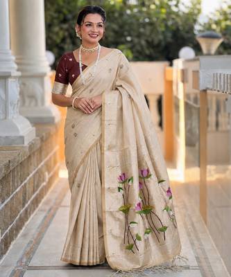 soft pure muga cotton  saree with meenakari  weaving  motifs and contrast blouse 4