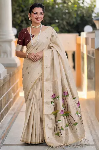 soft pure muga cotton  saree with meenakari  weaving  motifs and contrast blouse
