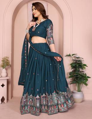 Womens's Star Georgette Traditional Motiff Semi Stitched Lehenga Choli With Cnotrance Dupatta Set 2