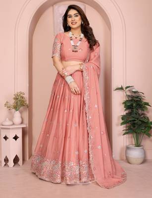 Womens's Star Georgette Traditional Motiff Semi Stitched Lehenga Choli With Cnotrance Dupatta Set 1