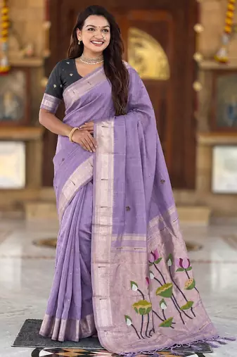 soft pure muga cotton  saree with meenakari  weaving  motifs and contrast blouse