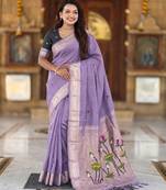 soft pure muga cotton  saree with meenakari  weaving  motifs and contrast blouse