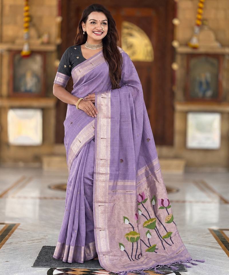 soft pure muga cotton  saree with meenakari  weaving  motifs and contrast blouse