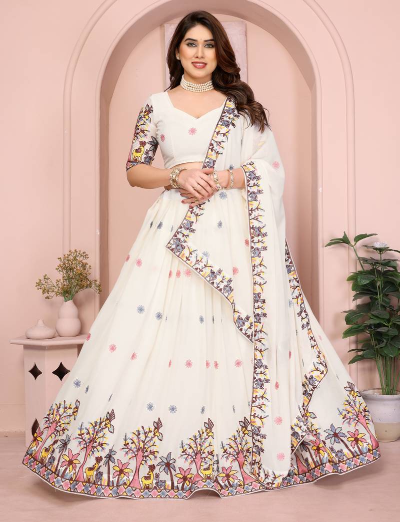 Womens's Star Georgette Traditional Motiff Semi Stitched Lehenga Choli With Cnotrance Dupatta Set