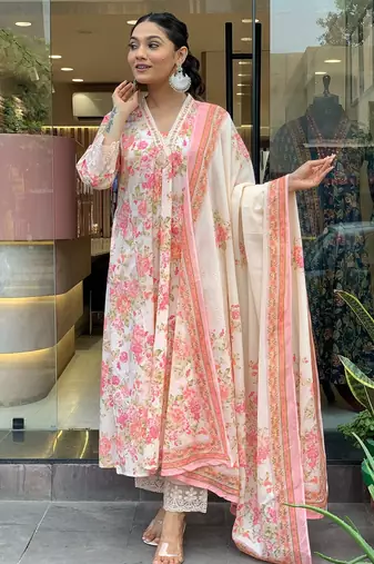 Light pink & white embroidered cotton kurta pant with dupatta