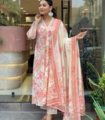 Light pink & white embroidered cotton kurta pant with dupatta