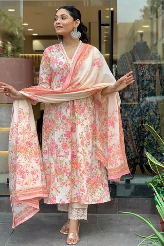 Light pink & white embroidered cotton kurta pant with dupatta