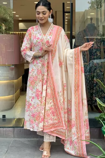 Light pink & white embroidered cotton kurta pant with dupatta