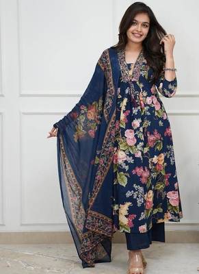 Dark blue printed cotton kurta pant with dupatta 1
