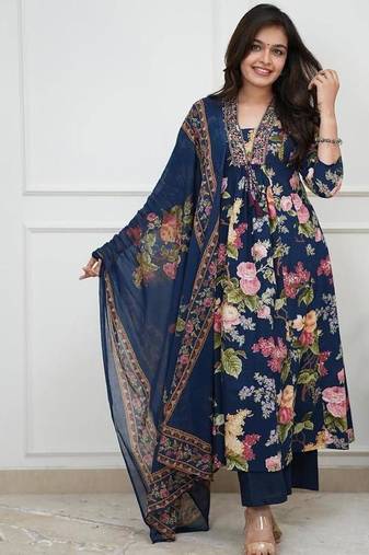 Dark blue printed cotton kurta pant with dupatta