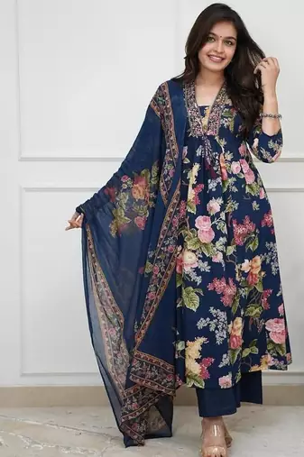 Dark blue printed cotton kurta pant with dupatta