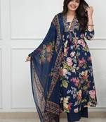 Dark blue printed cotton kurta pant with dupatta