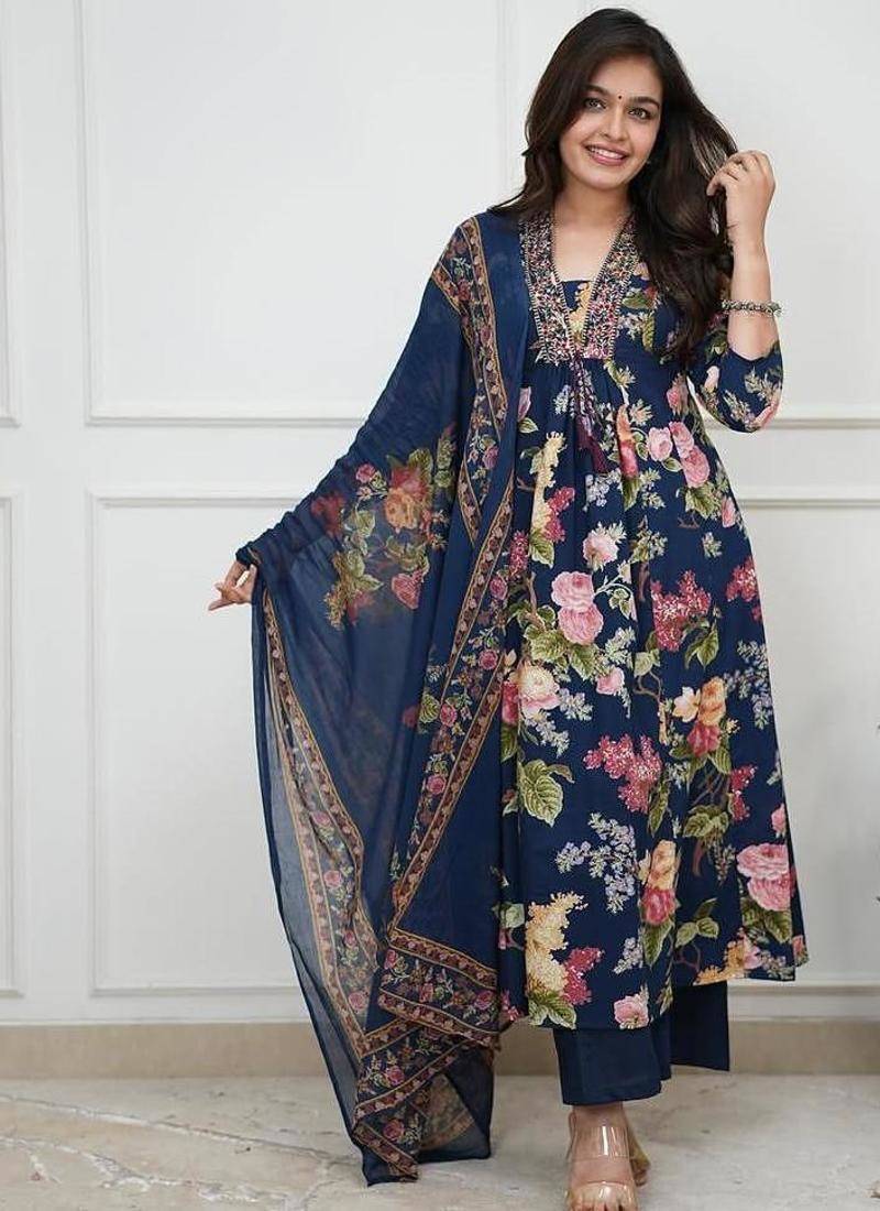 Dark blue printed cotton kurta pant with dupatta