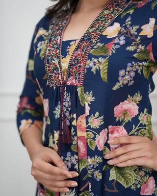 Dark blue printed cotton kurta pant with dupatta 2