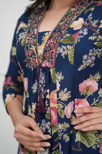 Dark blue printed cotton kurta pant with dupatta