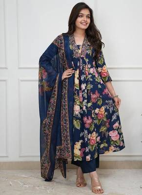 Dark blue printed cotton kurta pant with dupatta 3