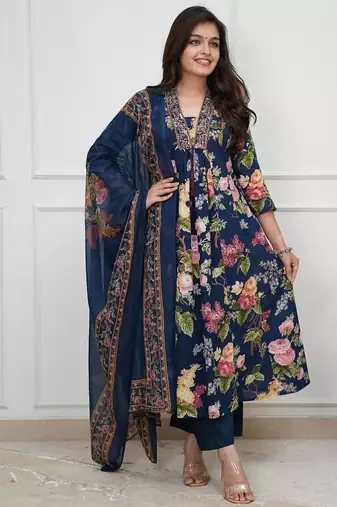 Dark blue printed cotton kurta pant with dupatta