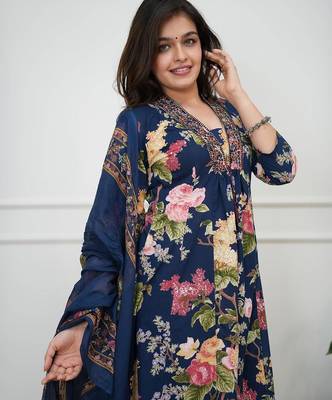 Dark blue printed cotton kurta pant with dupatta 4