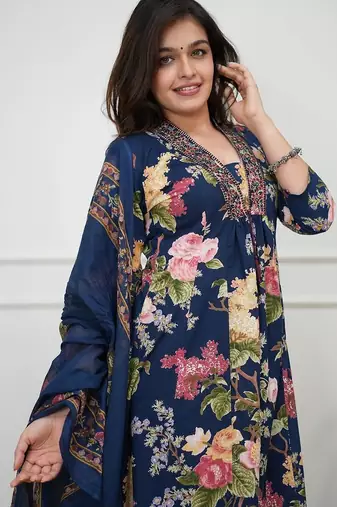 Dark blue printed cotton kurta pant with dupatta