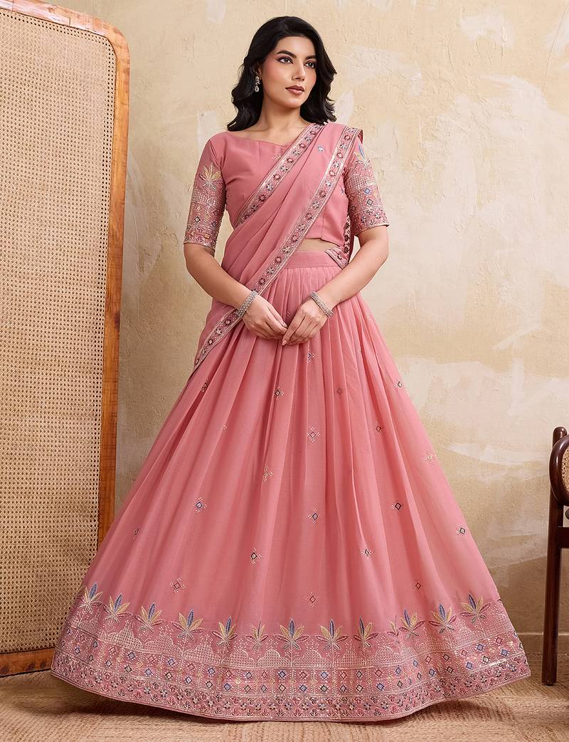 Womens's Star Georgette Traditional Motiff Semi Stitched Lehenga Choli With Cnotrance Dupatta Set