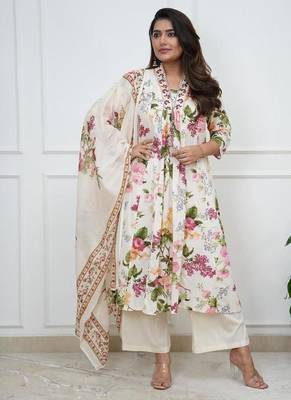 White embroidered & printed cotton kurta pant with dupatta 1