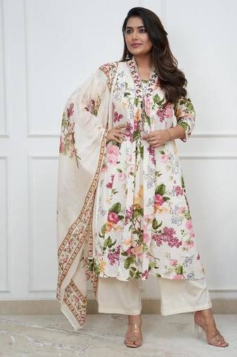 White embroidered & printed cotton kurta pant with dupatta
