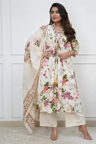 White embroidered & printed cotton kurta pant with dupatta