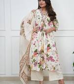 White embroidered & printed cotton kurta pant with dupatta