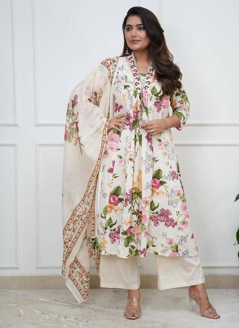 White embroidered & printed cotton kurta pant with dupatta