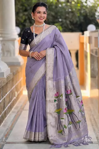 soft pure muga cotton  saree with meenakari  weaving  motifs and contrast blouse