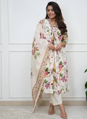 White embroidered & printed cotton kurta pant with dupatta 3