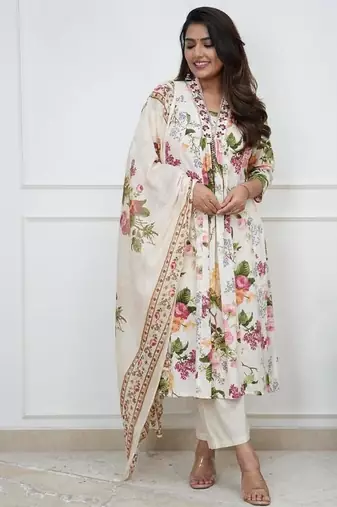 White embroidered & printed cotton kurta pant with dupatta