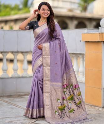 soft pure muga cotton  saree with meenakari  weaving  motifs and contrast blouse 3