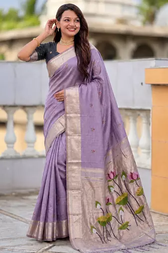 soft pure muga cotton  saree with meenakari  weaving  motifs and contrast blouse