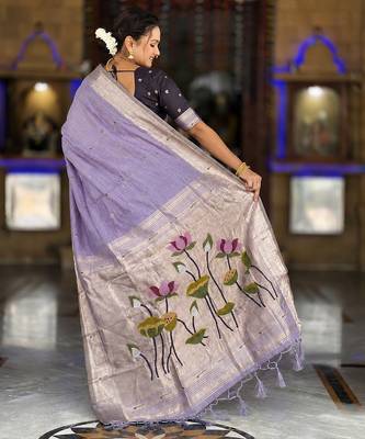 soft pure muga cotton  saree with meenakari  weaving  motifs and contrast blouse 4