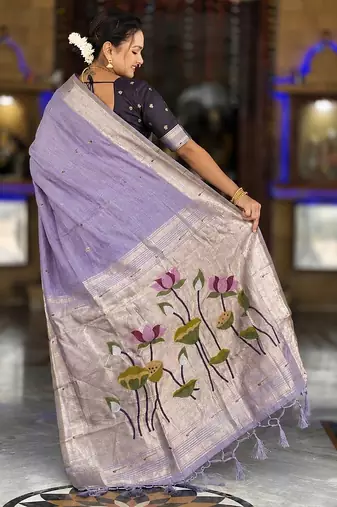 soft pure muga cotton  saree with meenakari  weaving  motifs and contrast blouse