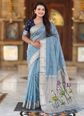 soft pure muga cotton  saree with meenakari  weaving  motifs and contrast blouse 2
