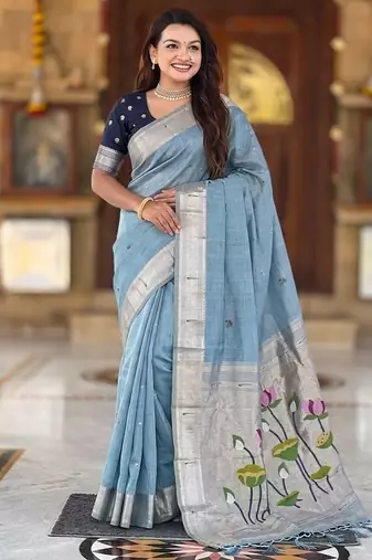 soft pure muga cotton  saree with meenakari  weaving  motifs and contrast blouse