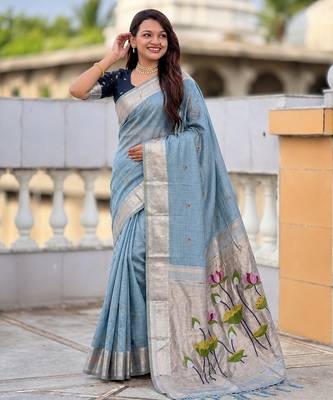 soft pure muga cotton  saree with meenakari  weaving  motifs and contrast blouse 3