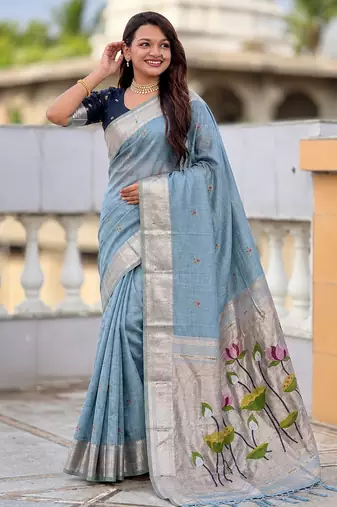 soft pure muga cotton  saree with meenakari  weaving  motifs and contrast blouse