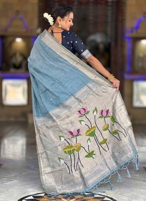 soft pure muga cotton  saree with meenakari  weaving  motifs and contrast blouse 4