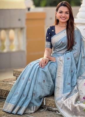soft pure muga cotton  saree with meenakari  weaving  motifs and contrast blouse 5