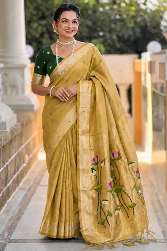 soft pure muga cotton  saree with meenakari  weaving  motifs and contrast blouse