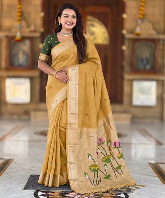 soft pure muga cotton  saree with meenakari  weaving  motifs and contrast blouse 2