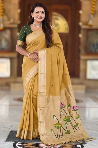 soft pure muga cotton  saree with meenakari  weaving  motifs and contrast blouse